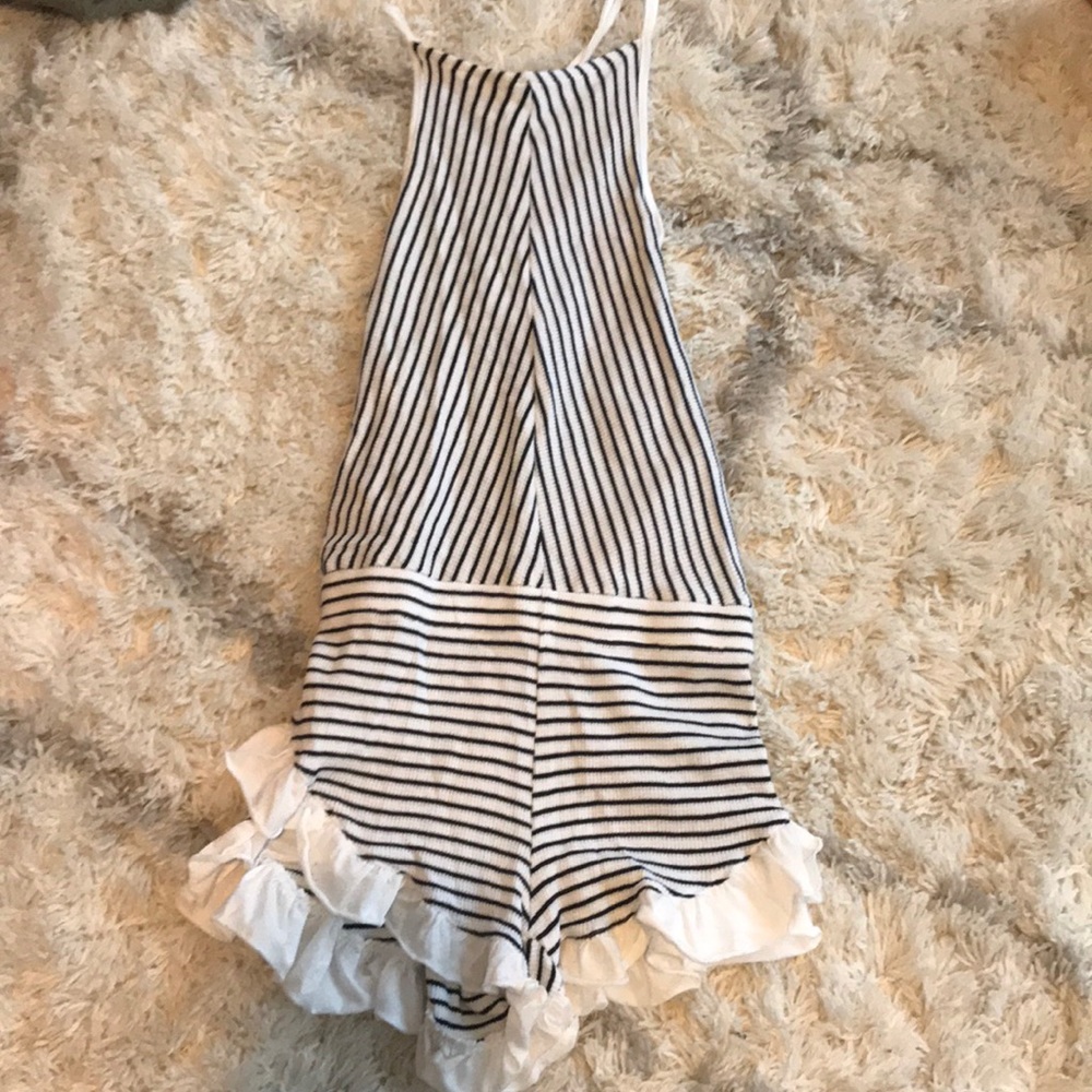 High neck striped romper with ruffles